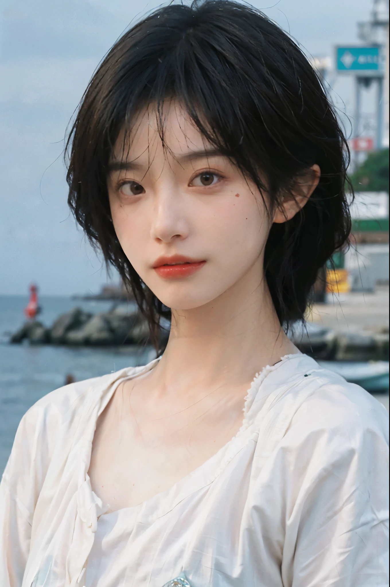 (Skin details:1.4), (Smooth skin texture:1.3), Direct vision, earrings, serene, calm, (Realistic and detailed eyes:1.2), Natural skin texture, Realistic facial details, Soft dramatic lighting, Vivid details, 35 mm film, outdoor, (Photo actual:1.4), (hyper actual:1.4), (actual:1.3), (Smoother lighting:1.05), (Improve lighting quality:0.9), (Highest quality real skin textures:1.4), Exquisite eyes, Delicate face, (Close-up of face, (Enhance the beauty of skin texture:1.1), Hair details, Noble temperament, Normal body proportions, short hair, mole under eye, Seaside background, seaside, Portrait Photography, Depth of Field, Bokeh, Surrealism, Ray tracing, (Portrait Photography:1.1), Surrealism, high detail, chiaroscuro, ray tracing, reflection light, UHD, UHD, masterpiece, textured skin, super detail, high details, high quality, best quality