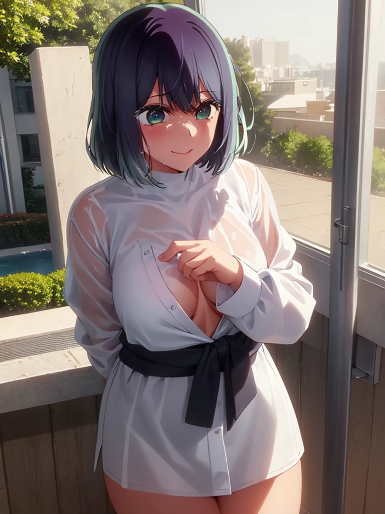 woman、high school student、short hair、Completely naked、Green Eyes、Stars in both eyes、Large Breasts、woman器、smile、Water gets all over your body、My face is wet with white fluid、Dripping saliva、woman器から白い液が流れる、Nipples get erect、White fluid coming out of nipples、Are standing、Bedroom