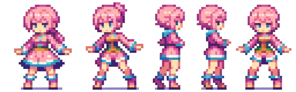 the very same person character chips , masterpiece , 6 poses (put out one's left foot , put out one's right foot , 2 front-facing poses , 2 back poses),best quality , pixel , pixel art , xiangsu , xiang su , sequence frames , walking , 1 girl , fantasy clothes , full body , white background , heroine , deformed , sexy , chibi , Highly Exposed , pink clothes , pink hair , walking frame