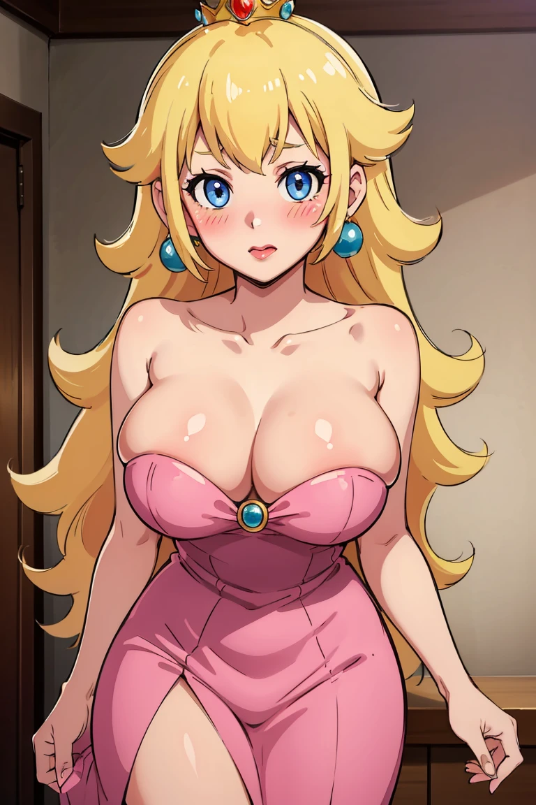 best quality, high resolution, large breasts, blonde hair, blush, embarrassed, cowboy shot, looking at viewer, princess_peach, pink lip