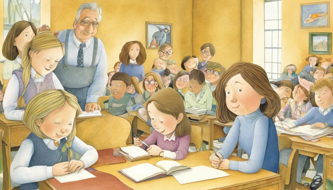 Create an illustration in the style of David Wiesner, the American illustrator, depicting a story about love and education.