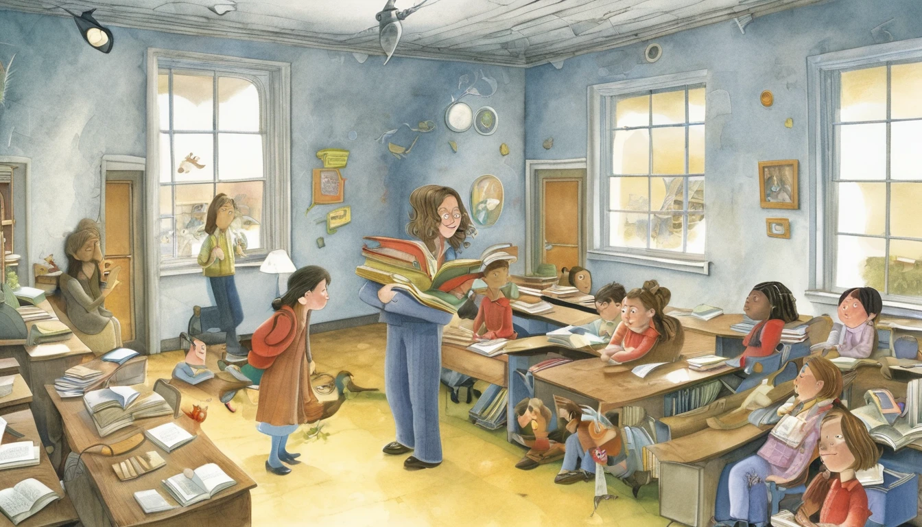 Create an illustration in the style of David Wiesner, the American illustrator, depicting a story about love between people, the relationship between educators and learners, and the value and significance of educational institutions.