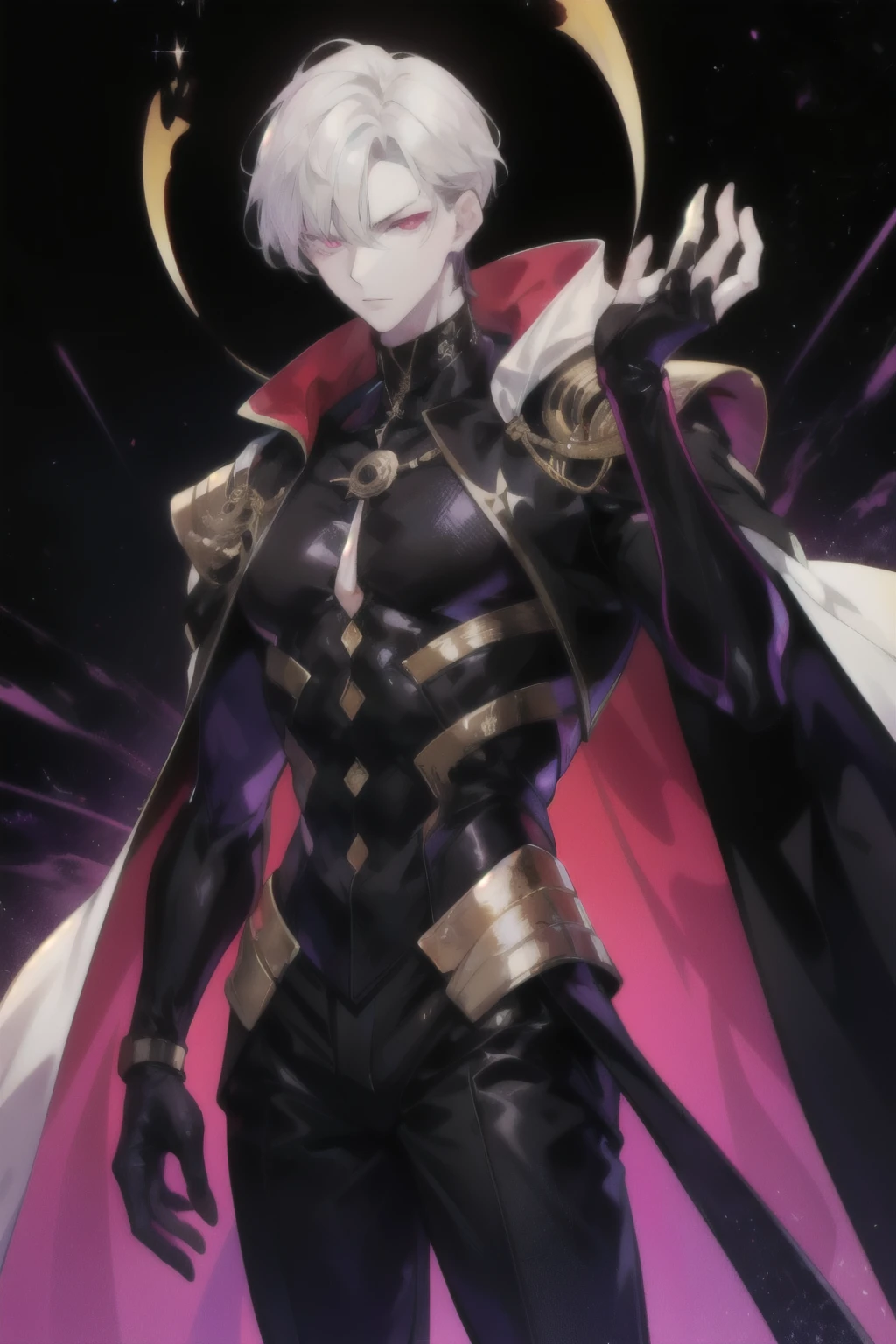 A young man with a perfect face,Temperament is cold,Looking down on everything,Height 1.9 meters,Wearing a black suit with long sleeves and gold trim,Wearing a white cloak,The body has perfect muscle lines,White short hair,Purple and red gradient pupils,A small black hole energy body condenses above the palm,Black hole background,