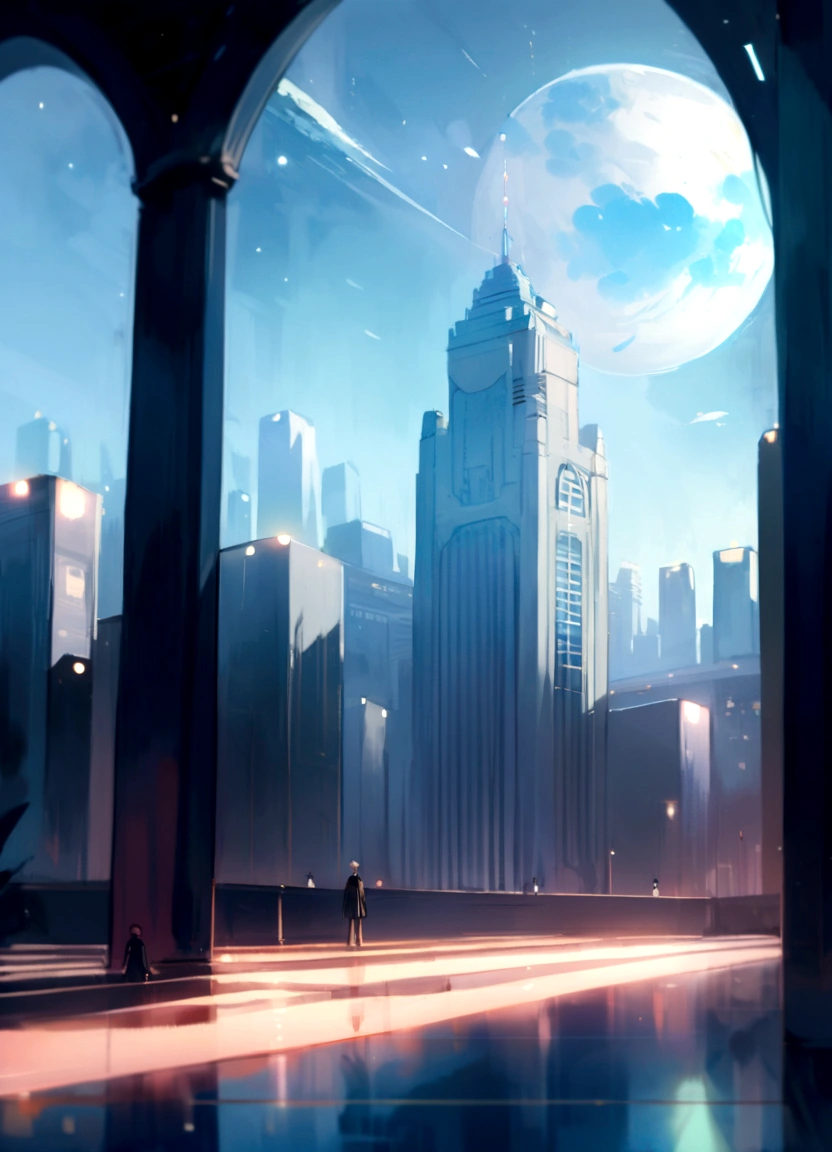 inside a luxury office building, tall columns, vaulted ceilings, spacious hall, interior of the future, space academy interior, behind the high arched windows there is a city with skyscrapers, spaceships fly across the sky, frame from the floor, illustration, white-gray shades,  (((people are missing))), illustration для фона