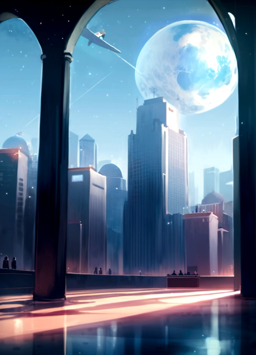 inside a luxury office building, tall columns, vaulted ceilings, spacious hall, interior of the future, space academy interior, behind the high arched windows there is a city with skyscrapers, spaceships fly across the sky, frame from the floor, illustration, white-gray shades,  (((people are missing))), illustration для фона