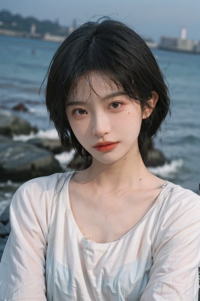 (Skin details:1.4), (Smooth skin texture:1.3), Direct vision, earrings, serene, calm, (Realistic and detailed eyes:1.2), Natural skin texture, Realistic facial details, Soft dramatic lighting, Vivid details, 35 mm film, outdoor, (Photo actual:1.4), (hyper actual:1.4), (actual:1.3), (Smoother lighting:1.05), (Improve lighting quality:0.9), (Highest quality real skin textures:1.4), Exquisite eyes, Delicate face, (Close-up of face, (Enhance the beauty of skin texture:1.1), Hair details, Noble temperament, Normal body proportions, short hair, mole under eye, Seaside background, seaside, Portrait Photography, Depth of Field, Bokeh, Surrealism, Ray tracing, (Portrait Photography:1.1), Surrealism, high detail, chiaroscuro, ray tracing, reflection light, UHD, UHD, masterpiece, textured skin, super detail, high details, high quality, best quality