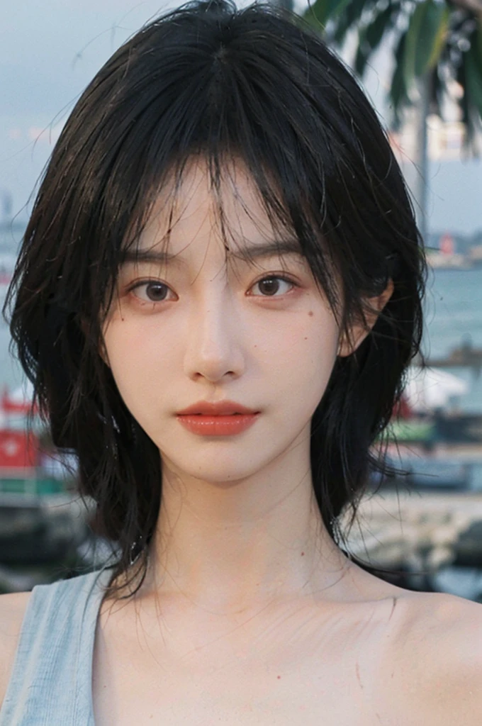 (Skin details:1.4), (Smooth skin texture:1.3), Direct vision, earrings, serene, calm, (Realistic and detailed eyes:1.2), Natural skin texture, Realistic facial details, Soft dramatic lighting, Vivid details, 35 mm film, outdoor, (Photo actual:1.4), (hyper actual:1.4), (actual:1.3), (Smoother lighting:1.05), (Improve lighting quality:0.9), (Highest quality real skin textures:1.4), Exquisite eyes, Delicate face, (Close-up of face, (Enhance the beauty of skin texture:1.1), Hair details, Noble temperament, Normal body proportions, short hair, mole under eye, Seaside background, seaside, Portrait Photography, Depth of Field, Bokeh, Surrealism, Ray tracing, (Portrait Photography:1.1), Surrealism, high detail, chiaroscuro, ray tracing, reflection light, UHD, UHD, masterpiece, textured skin, super detail, high details, high quality, best quality