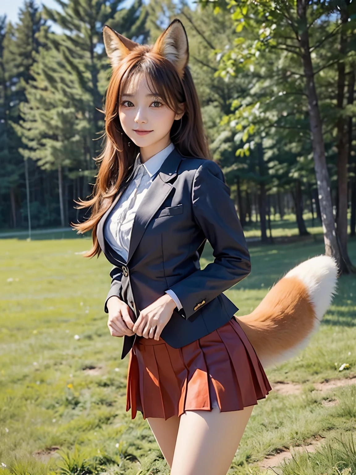 ((Highest quality, 32k)), ((masterpiece)), (Familiar), Perfect Face, School Girl, pretty girl, On the grassland, She has a bushy tail, (She has a red fox tail.:1.3), She stands up her fluffy tail, Beautiful hip line, Small breasts, She is wearing a cute business suit, A large tail sticks out, Climbing on all fours, Slender body, She looks shyly at her tail, Her tail pushes up her skirt to reveal her white panties, (A single red fox tail protrudes from the hem of her skirt.:1.4), Embarrassed face