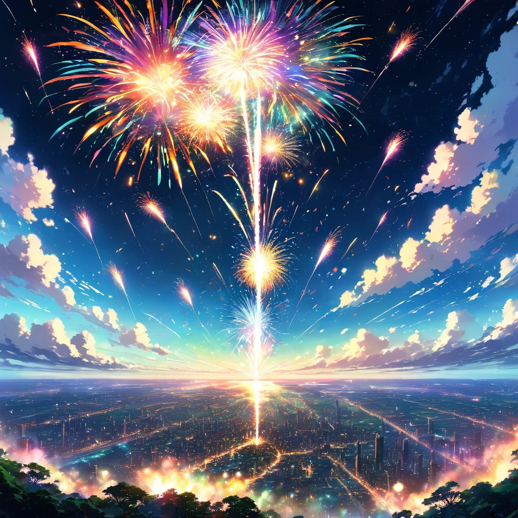 A breathtaking view of fireworks exploding in the vastness of space, with the Earth in the distance. The fireworks are a vibrant array of colors, illuminating the darkness with streaks of light. The scene is surreal and awe-inspiring, highlighting the beauty of nature and human ingenuity. Render in a hyperrealistic style with intricate details,beautiful Anime Scenery, Landscape painting, Beautiful digital painting, Andreas Rocha, Beautiful artwork illustration, Awesome Wallpapers, Raymond Han, Tall beautiful paintings, Studio Greeble Makoto Shinkai, Beautiful Wallpapers, Anime Scenery