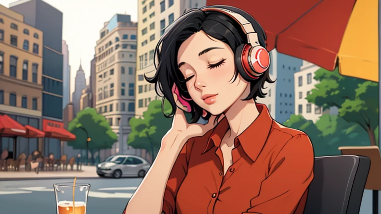 Beautiful woman in her 30s with short black hair is sitting with headphones on the cafe terrace. Looking down, eyes closed, LOFI girl, alone in the room, Red blouse, relaxing mood, cozy, only five fingers, new york, colorful, Well-proportioned face, Beautiful human female fingers