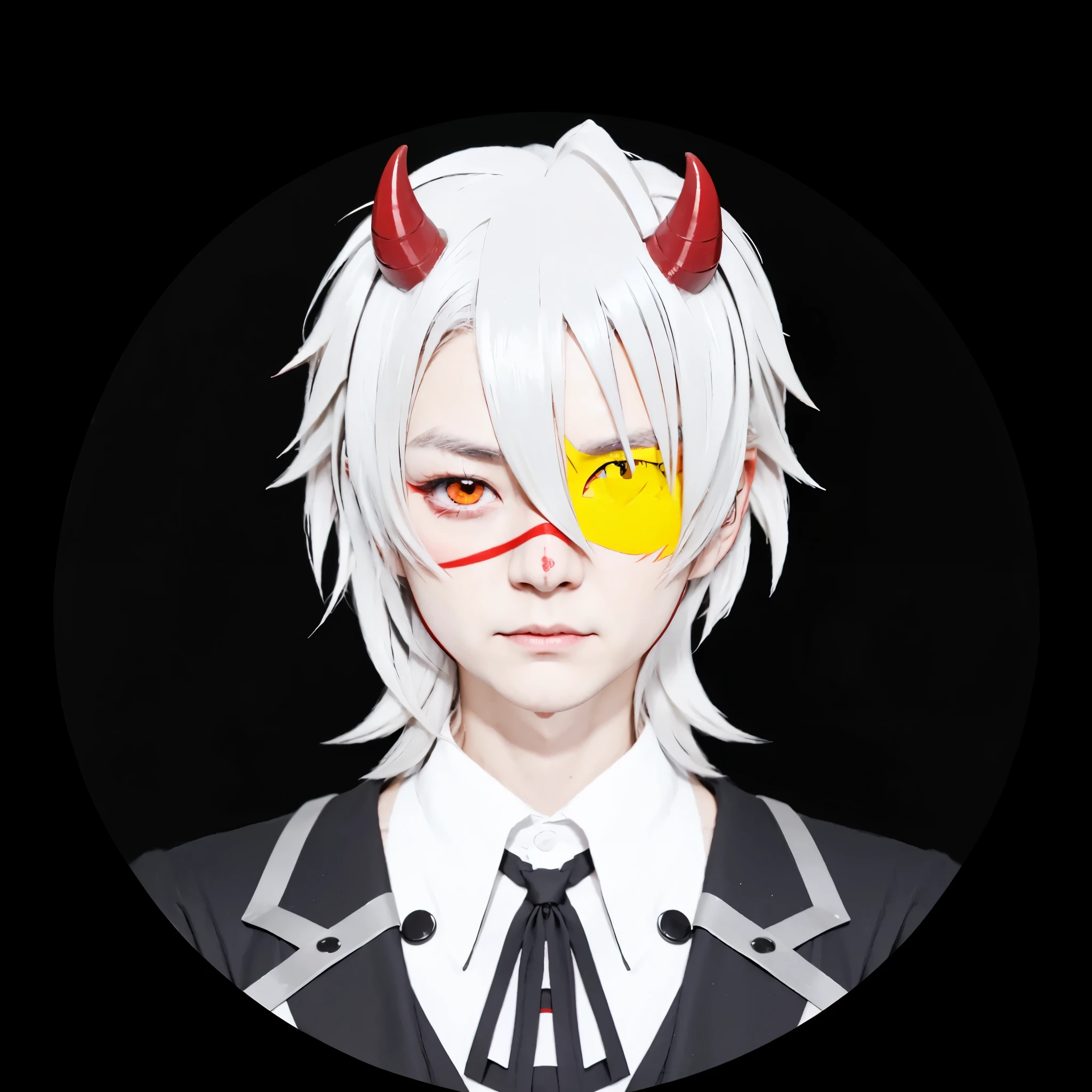 Japanese boy character with red horns and yellow eye patch in black circle, handsome japanese demon boy, a silver haired mad, trigger Japan boy artstyle, fit male demon with white horn, portrait demon half human, vector shaded realistis