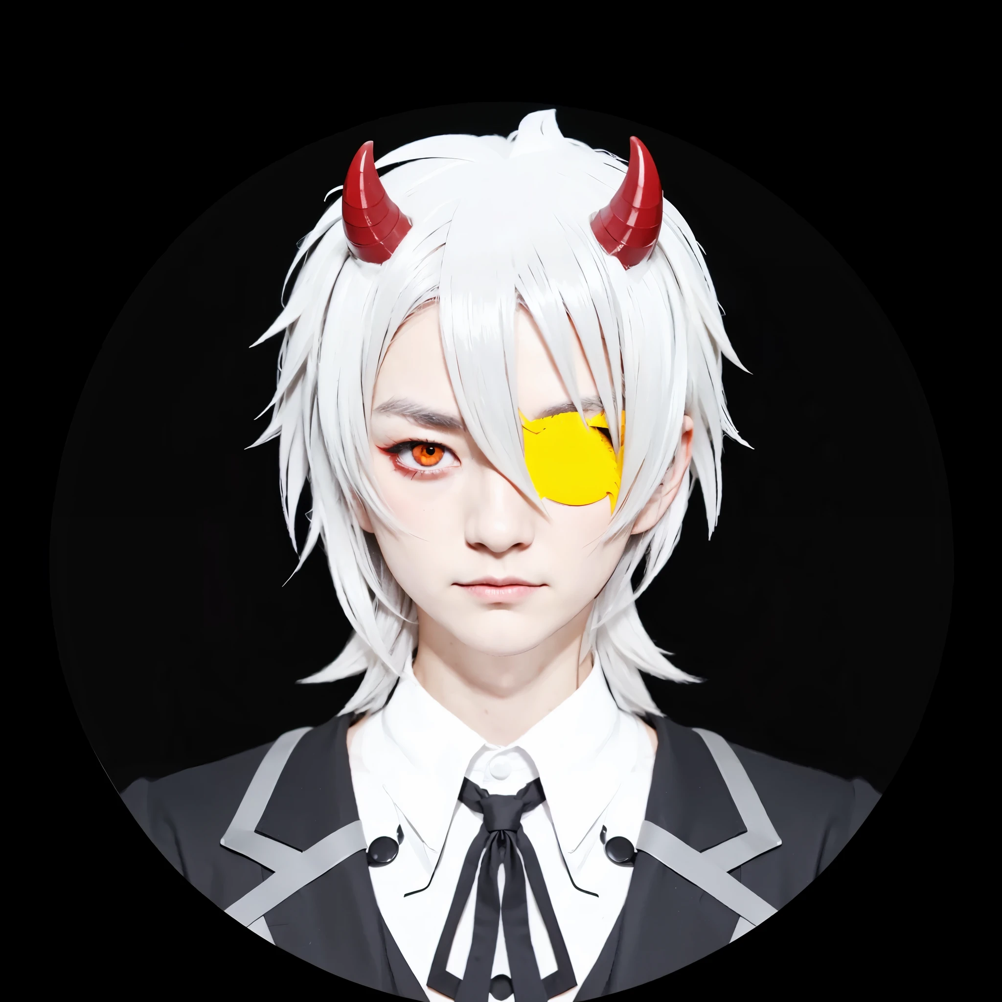 Japanese boy character with red horns and yellow eye patch in black circle, handsome japanese demon boy, a silver haired mad, trigger Japan boy artstyle, fit male demon with white horn, portrait demon half human, vector shaded realistis 