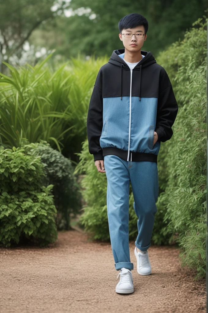 21 year old Chinese boy, he is wearing a oversize denim Hoodie jacket, he is wearing black trousers, he is wearing sneakers, he is wearing glasses, Garden, full body, he is buzz cut Hair, foot, walking