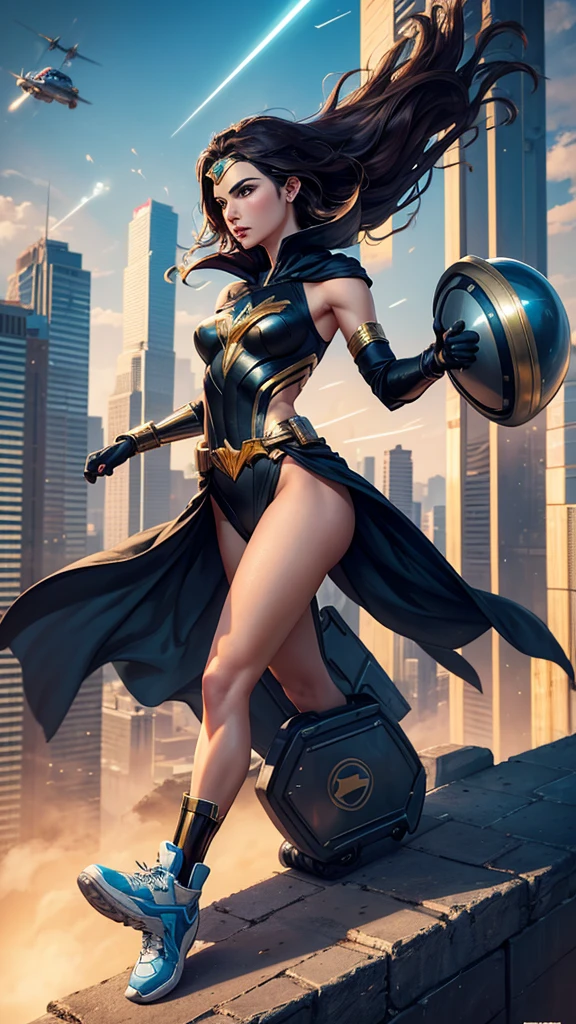 A City with a Beautiful Woman Gal Gadot with Wheeled Sneakers, Aerodynamic Jumpsuit, Helmet with visor Gloves with protective pads, jewelry and elbow pads, Short Cape and Logo and Emblem and with the Power to fly in 75% levitation