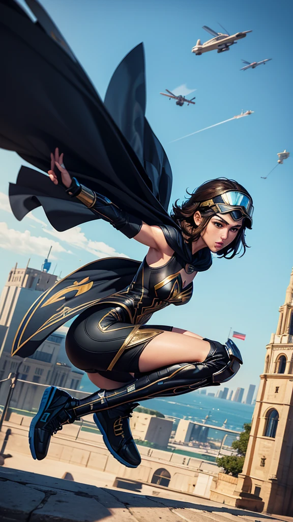 A City with a Beautiful Woman Gal Gadot with Wheeled Sneakers, Aerodynamic Jumpsuit, Helmet with visor Gloves with protective pads, jewelry and elbow pads, Short Cape and Logo and Emblem and with the Power to fly in 75% levitation