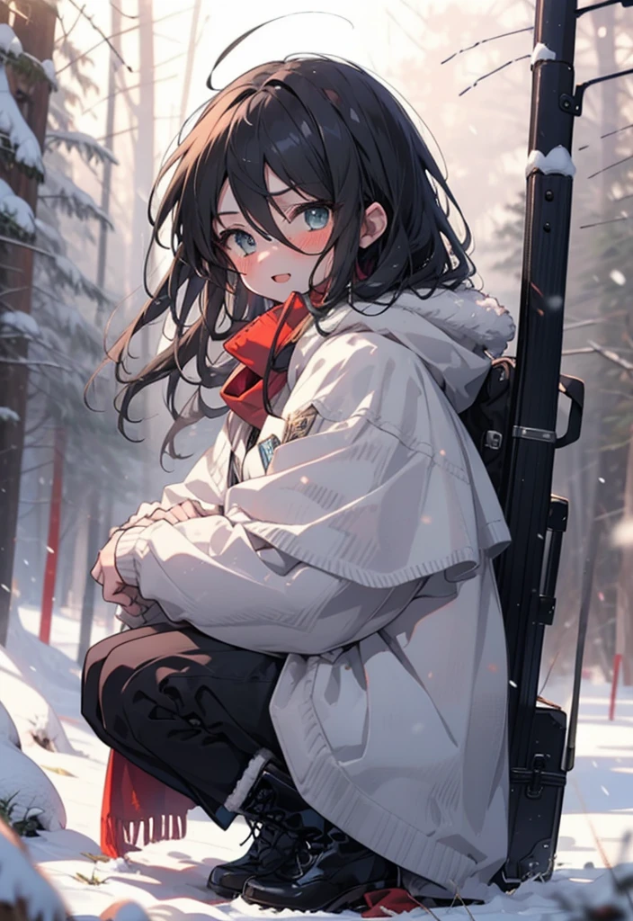 Shana,灼眼のShana,Long Hair, Redhead, Red eyes,Ahoge,,smile,blush,White Breath,
Open your mouth,snow,Ground bonfire, Outdoor, boots, snowing, From the side, wood, suitcase, Cape, Blurred, , forest, White handbag, nature, Squat, Mouth closed, Cape, winter, Written boundary depth, Black shoes, red Cape break looking at viewer, Upper Body, whole body, break Outdoor, forest, nature, break (masterpiece:1.2), Highest quality, High resolution, unity 8k wallpaper, (shape:0.8), (Beautiful and beautiful eyes:1.6), Highly detailed face, Perfect lighting, Highly detailed CG, (Perfect hands, Perfect Anatomy),