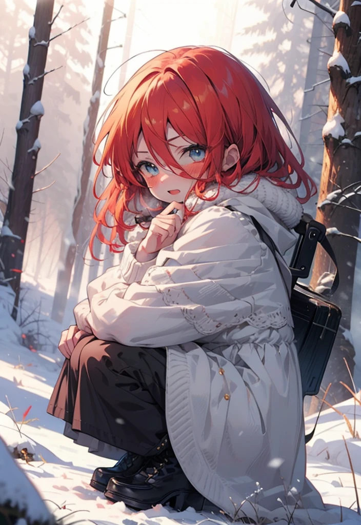 Shana,灼眼のShana,Long Hair, Redhead, Red eyes,Ahoge,,smile,blush,White Breath,
Open your mouth,snow,Ground bonfire, Outdoor, boots, snowing, From the side, wood, suitcase, Cape, Blurred, , forest, White handbag, nature, Squat, Mouth closed, Cape, winter, Written boundary depth, Black shoes, red Cape break looking at viewer, Upper Body, whole body, break Outdoor, forest, nature, break (masterpiece:1.2), Highest quality, High resolution, unity 8k wallpaper, (shape:0.8), (Beautiful and beautiful eyes:1.6), Highly detailed face, Perfect lighting, Highly detailed CG, (Perfect hands, Perfect Anatomy),