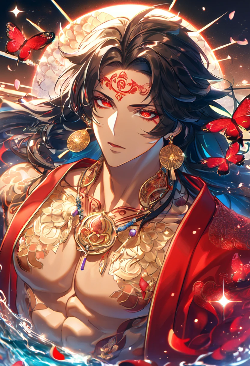 (absurdres, highres, ultra detailed, HDR) master piece, best quality, delicated features, Ashura, black long hair, untamed hair, expressive red eyes, Onmyoji, red lotus tattoo on the forehead, solo, sexy man, handsome, tanned skin, toned chest, red haori, with accessories, jewelry, lotus earrings, patterns, water, magical fantasy, red butterflies, glittering, sparkling, red lotus, petals, radiant