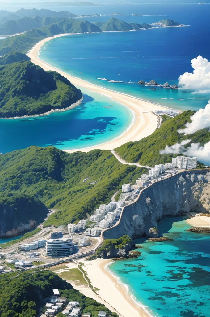 Okinawa&#39;s beaches with clear blue waters and white sand。The sea is filled with colorful coral reefs.、The fish are swimming。The sky is deep blue、The sun shines、Palm trees cast shadows on the beach。