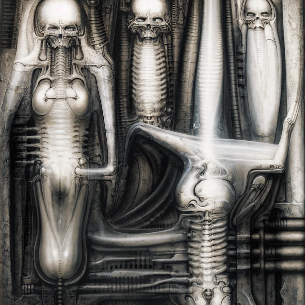 
The image is a detailed view of H.R. Giger's \" Landscape XVI \" plate, featuring a complex network of bones and organs in a purple-brown hue ,swirling gray and brown colors. The artwork is silver and purplish brown, with an ivory bones prominently displayed. The image is highly detailed and intricate, almost like a 3d version of a medical diagram 
The image is an artistic representation of a mechanical structure with pipes and gears, with a skeletal creature and a windmill blade.

biomechanical landscape by Hans Rudie Giger composed of fossilized and mummified alien life forms. Image depicts a strange and dreamlike, combines biological and mechanical ,managed  to dreamlike quality. Centralized recognizable shapes of skulls, rib cages, and spines, all intertwined with tubes and cables. These shapes suggest fossilized mummified alien life forms. Central skeletal structures and what appears to be a ribcags of ivory in the foreground are the most identifiable organic elements. The mechanical elements are evident in the wires and tubes emanating from the skeletals, as well as the smooth metallic tubes. In the background shapes are visible that could be interpreted as other fossilized or mummified alien life.
Light source from the top highlights skeletals, upper part of foreground, lower part of image is in shadow. 


The piece is a tableau, most likely created with a India ink pen or pencil on paper, determined by the thin lines, shading techniques, and the texture of the paper, which is visible around the edges.
used is pen, given the shading and variations in line weight visible in the image. One have used a variety of pencils with different degrees of hardness to achieve the shading effects

The style  is clearly biomechanical. Features combination of organic and mechanical forms. Mechanical elements dominate the composition, there are subtle organic hints. The use of undersaturated purple-grays dark contrasts creates a stark and graphic look. Is used a variety of l
