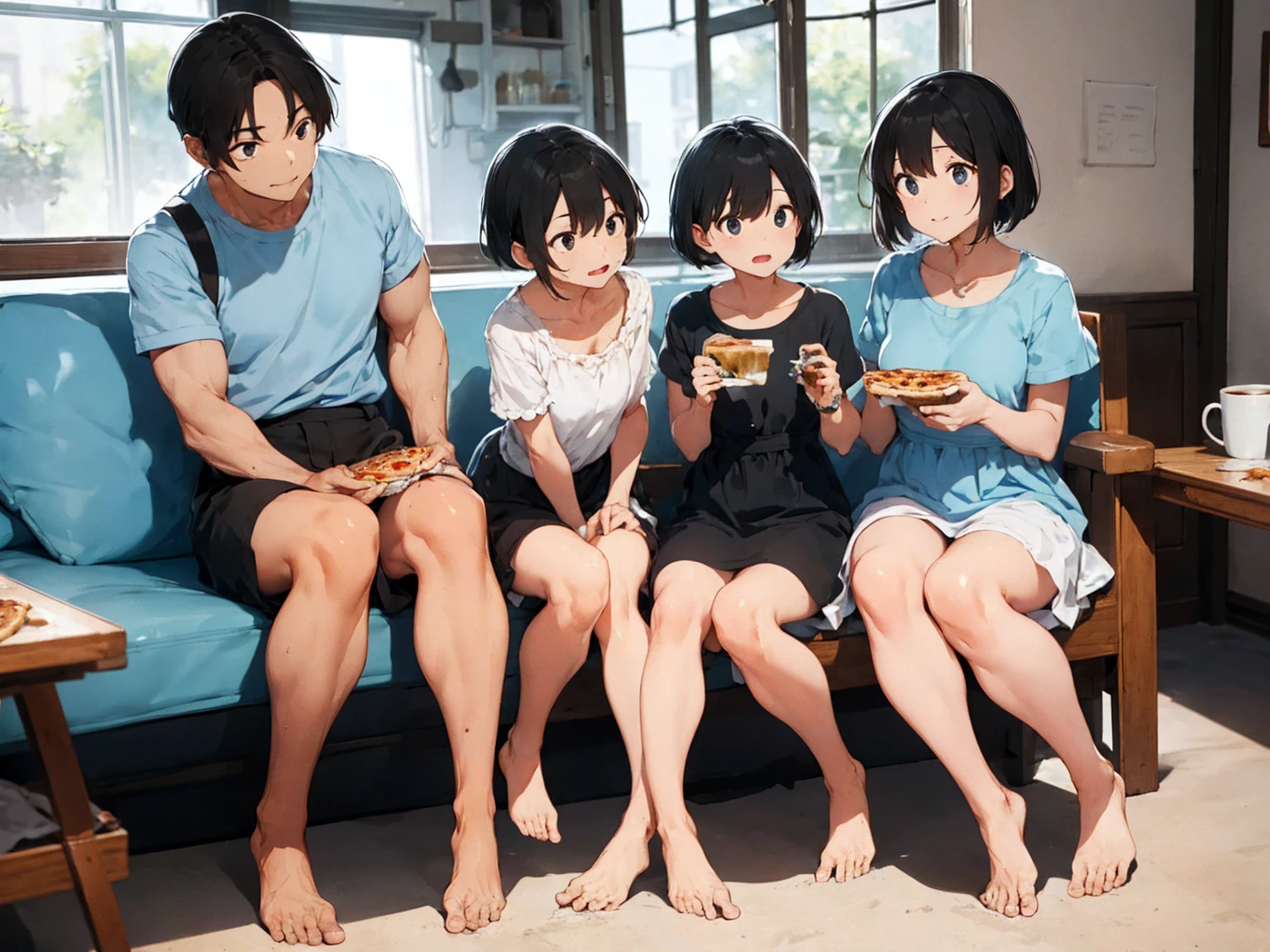 Big family eating pizza 、Short black hair、Light blue shirt dress、barefoot、Coffee with lots of ice