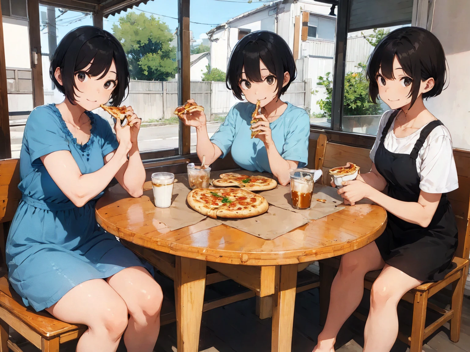 Big family eating pizza 、Short black hair、Light blue shirt dress、barefoot、Coffee with lots of ice