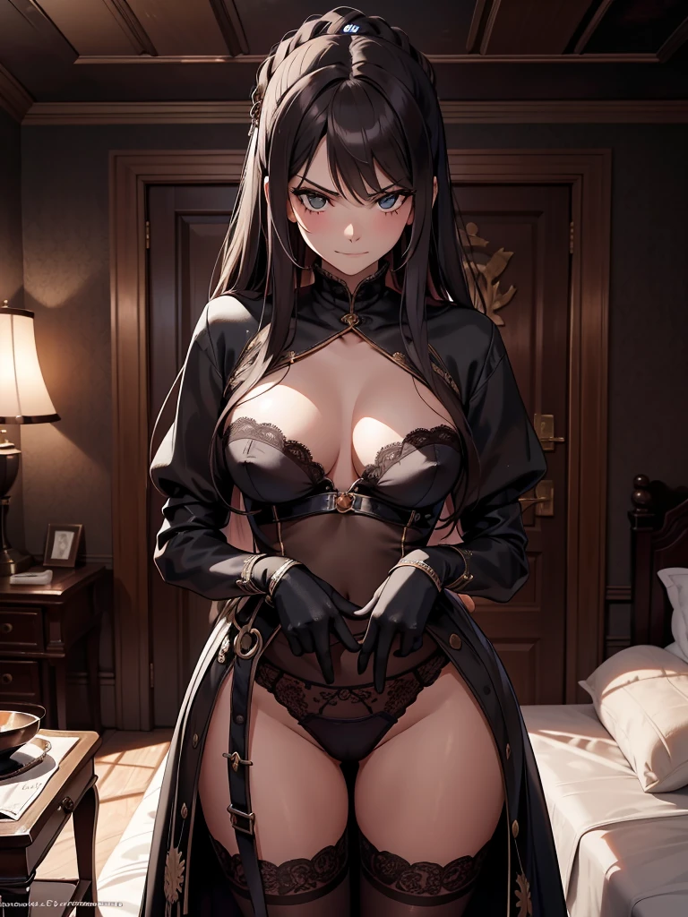 (masterpiece、top-quality、hight resolution、Unity 8k Wallpaper、extremely details CG:1), In a dimly lit hotel room, standing before her is the prostitute she is about to have sex with, and she immediately recognizes him as the delinquent girl who used to bully her in school. Her expression is a mixture of surprise and amusement as she realizes his true identity. She stands with one hand on her hip and a mischievous smile on her face, clearly enjoying his discomfort. The room is simple, the bed, nightstand, and dim lighting creating an intimate yet tense atmosphere. The focus is on the woman's facial expressions and body language, highlighting the awkward and unexpected reunion. nsfw
