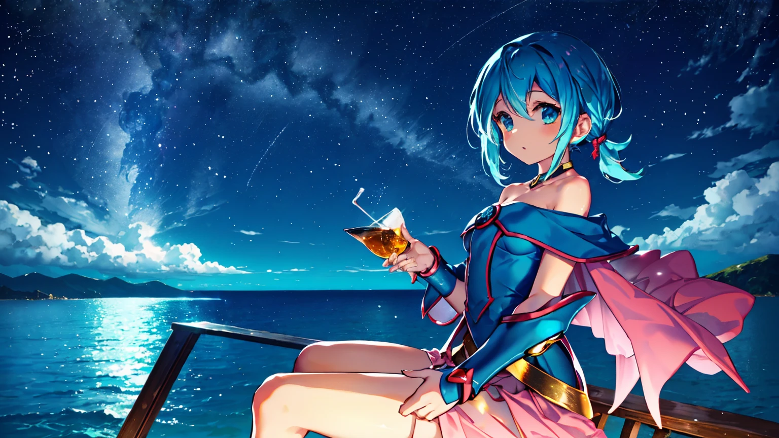 Bar in the sky, 1girl, solo, alone, ,flat chest,blue hair,short twintails,middle hair,sky blue eyes,sitting at bar counter, from side, drinking, (ocean:1.3), candles, starry sky, shooting stars, masterpiece, best quality, ultra detailed,bar