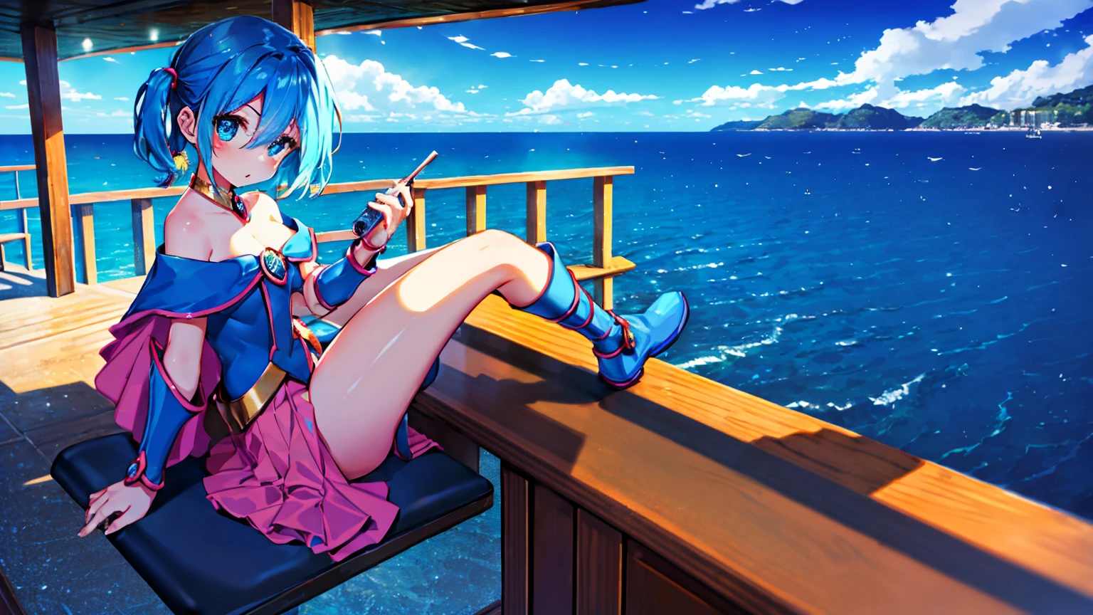 Bar in the sky, 1girl, solo, alone, ,flat chest,blue hair,short twintails,middle hair,sky blue eyes,sitting at bar counter, from side, drinking, (ocean:1.3), candles, starry sky, shooting stars, masterpiece, best quality, ultra detailed,bar