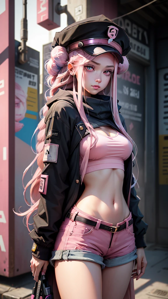 Beautiful woman medium hair, Wearing a hat, Cyberpunk Shorts,masterpiece, Highest quality, High resolution, {Detailed and beautiful eyes}, finely,  Detailed and beautiful eyes,Pink Eyes,(((Long pink hair))),