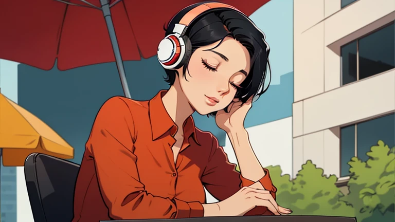 Beautiful woman in her 30s with short black hair is sitting with headphones on the cafe terrace. Looking down, eyes closed, LOFI girl, alone in the room, Red blouse, relaxing mood, cozy, only five fingers, new york, colorful, Well-proportioned face, Beautiful human female fingers