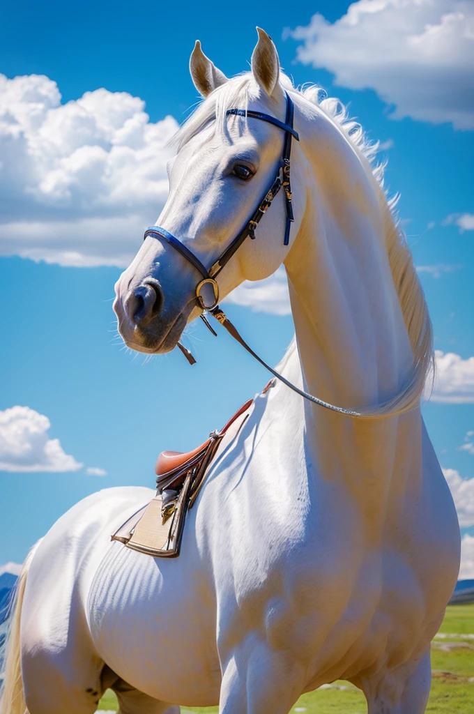 (masterpiece, 最high quality, high quality, High resolution:1.4), detailed,Soft indirect lighting, 4K,blue sky,Mongolia,White horse and