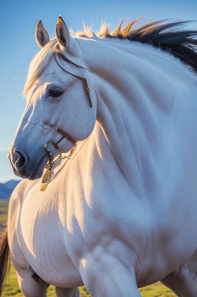 (masterpiece, 最high quality, high quality, High resolution:1.4), detailed,Soft indirect lighting, 4K,blue sky，Mongolia，White horse and 