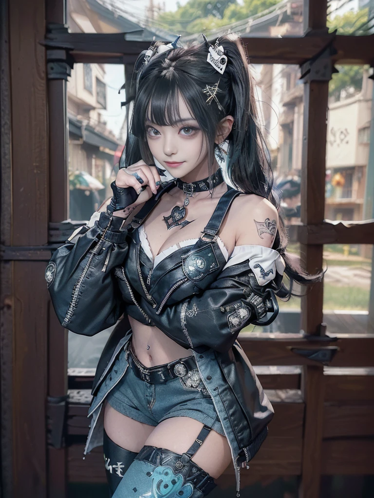 (Full body view:1.4)、(Full Body View:1.4)、(Side view:1.1)、(Smiling with teeth showing:1.3),(Shibuya Gal:1.5)、(Maid café clerk:1.5)、(Punk RockVisual Kei:1.4)、(Turquoise, navy and denim medieval noble zip up:1.5)、(Navy and white arm covers and bugle pants:1.5)、(Blue high heels:1.3)、(Wearing silver accessories:1.5)、(Dark brown collar:1.4)、(Leather garter belt:1.4)、(Brown Skin Belt:1.3)、(Black lace underwear:1.5)、20-year-old、NSFW、((Highest quality、In 8K、masterpiece:1.3))、Sharp focus:1.2、(Layered Cut、Huge boobs:1.1),Beautiful woman with perfect figure:1.4、(Doing an aerobics pose:1.3)、Slender Abs:1.2、Highly detailed face and skin texture、Detailed eyes、double eyelid,(Twin tails:1.3)、(Black Hair:1.3)、Gravure idol、(A fairytale-like cafe with a lush tree background:1.3)、(Slim body:1.3),(Make your legs thinner:1.4),(Thin, thin thighs:1.3)、(clavicle:1.1)