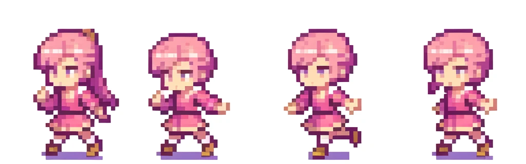 the very same person character chips , masterpiece , 6 poses (put out one's left foot , put out one's right foot , 2 front-facing poses , 2 back poses),best quality , pixel , pixel art , xiangsu , xiang su , sequence frames , walking , 1 girl , fantasy clothes , full body , white background , heroine , deformed , sexy , chibi , Highly Exposed , pink clothes , pink hair , walking frame