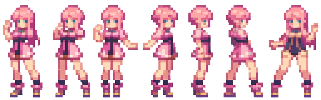 the very same person character chips , masterpiece ,  6 poses (put out one's left foot , put out one's right foot , 2 front-facing poses , 2 back poses),best quality , pixel , pixel art , xiangsu , xiang su , sequence frames  ,  walking , 1 girl , fantasy clothes , full body , white background , heroine , deformed , sexy , chibi  , Highly Exposed , pink clothes , pink hair , walking frame
