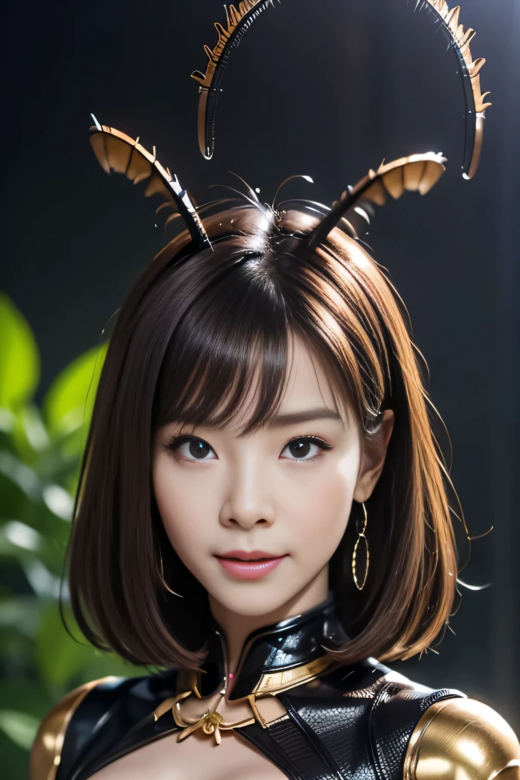masterpiece、Highest quality、Highly detailed CG、Great details、High resolution、8K Wallpaper、All the intricacies、Super detailed、Super Shining、Oily luster、monster girl、Cockroach and woman fusion、Female cockroach forms、Cockroach woman、Fusion、Acting alone、gal、Perfect female ratio、Wicked Smile、cute、anime face、Antennae of cockroaches、特にOily luster、muscular、Cockroach and exoskeleton suit fusion、Mahogany colored dark skin、Short Hair、bionde、Purple streak hair、crustacean、arthropod、Enemy hideout style background、Background of the evil organization style