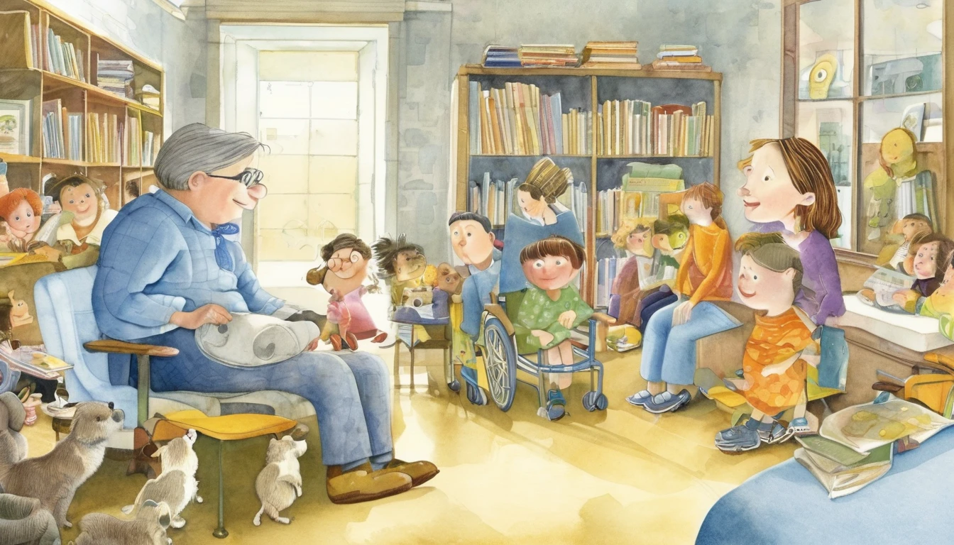 Create an illustration in the style of David Wiesner, the American illustrator, depicting a story about caring for special needs children, the love between educators and learners, and the value and significance of educational institutions.