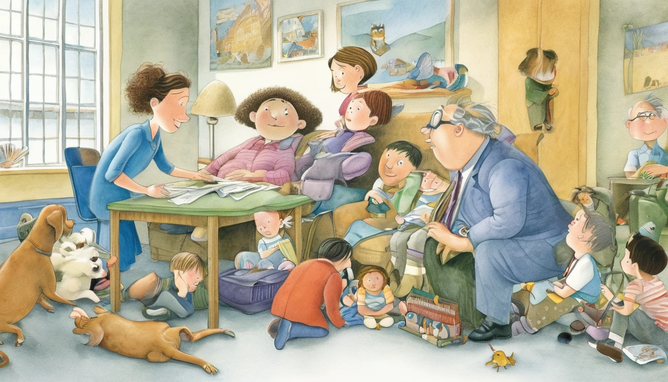 Create an illustration in the style of David Wiesner, the American illustrator, depicting a story about caring for special needs children, the love between educators and learners, and the value and significance of educational institutions.