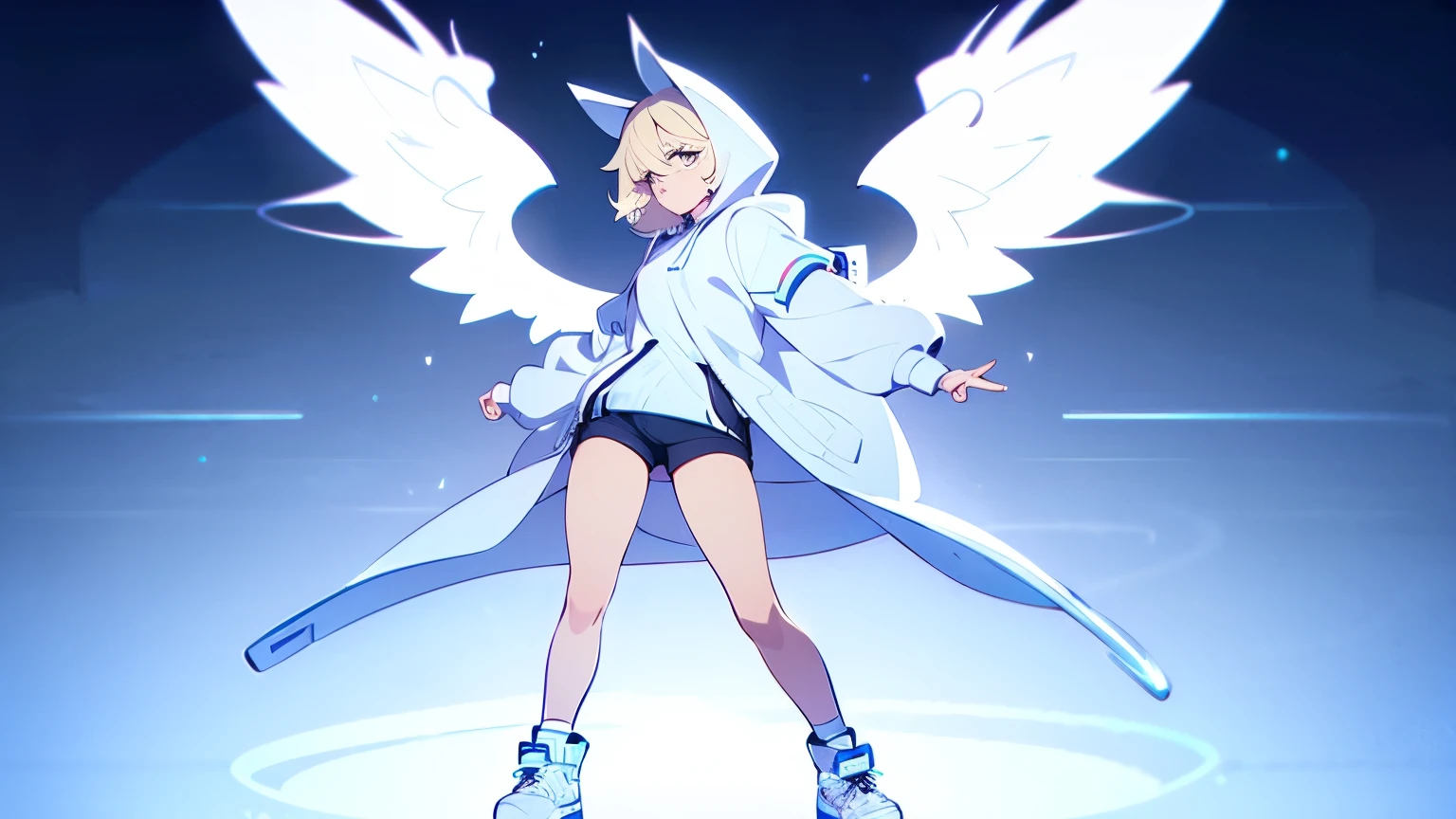 angel femboy with thick thighs, reference character design, dynamic pose, sexy, short blond hair, hood, tanned skin, white angel wings, white hoodie, black stockings, shorts, cool sneakers, shy
