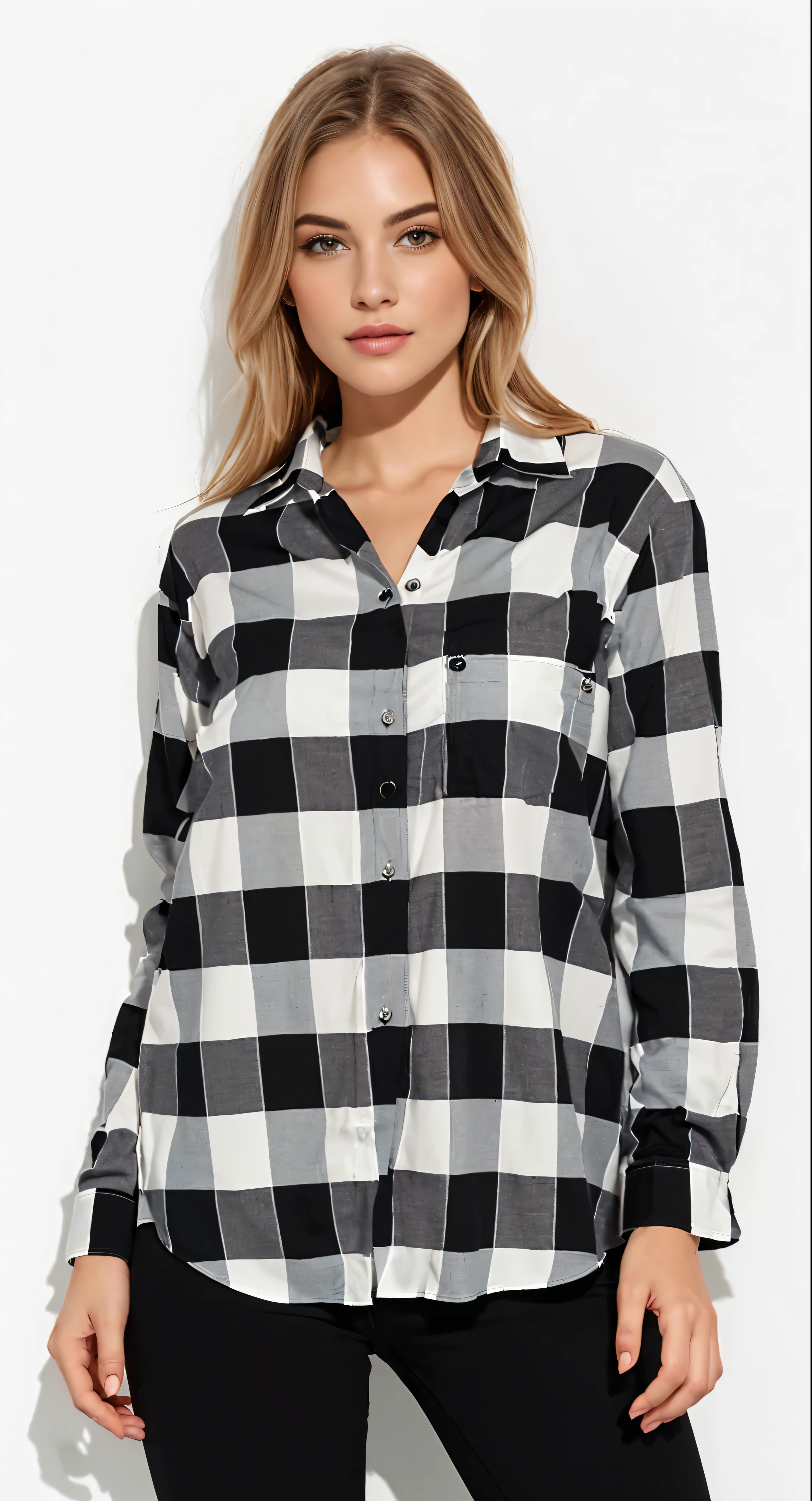 a woman wearing a black and white plaid camisa, flanela, plaid camisa, lumberjack flanela, wearing plaid camisa, button up camisa, wearing a plaid camisa, wearing a flanela camisa, long camisa, button - up camisa, blusas largas, roupas pretas e brancas, collared camisa, superdimensionado, ANDANDO, Chique, 4 0 9 6, camisa