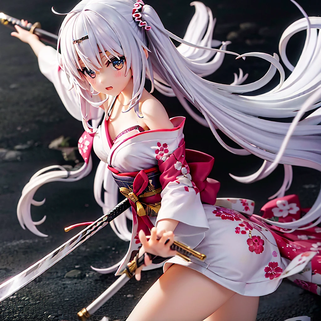 Girl with flowing long white hair, white eyes, in a white kimono, holding a katana