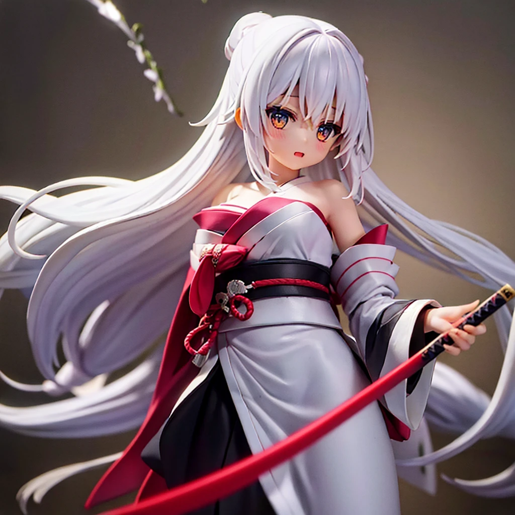 Girl with flowing long white hair, white eyes, in a white kimono, holding a katana