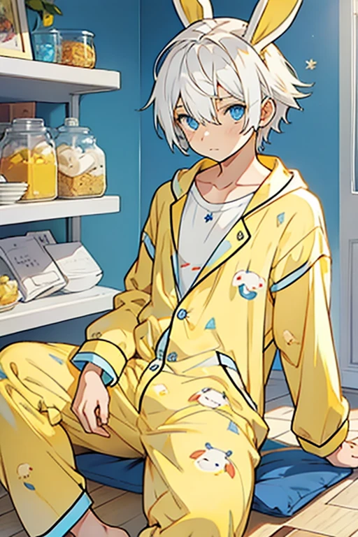 Small young man white hair blue eyes wearing yellow bunny pajamas