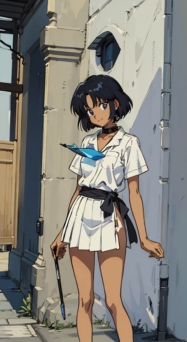 ((masterpiece, best quality illustrations,extremely detailed anime:1.5))1woman,solo,20 year old beauty、nadia la arwall:1.2,focus face,smile,ideal ratio body proportions,slender  body,medium breasts,short cut hair,(dark skin:1.2),high skin,standing,White shirt with collar、Short sleeve、White pleated micro mini skirt、bustling street、Tokyo、