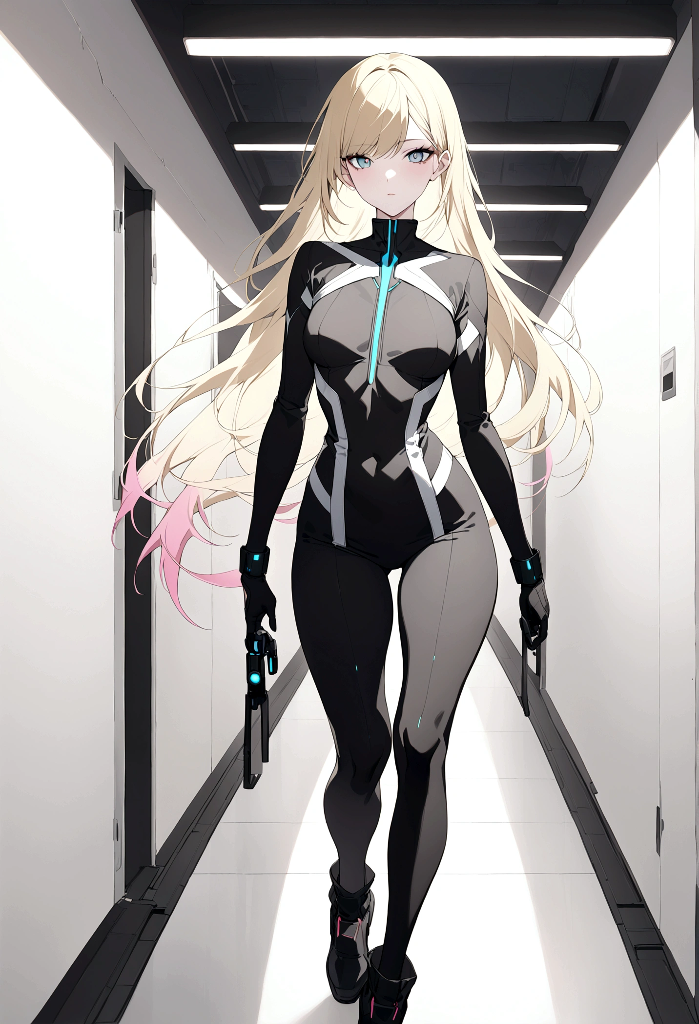 (masterpiece, 32k, 8k, white laboratory corridor setting, character walking towards the viewer) woman, 26 years old, naturally beautiful face, long blonde hair with pink streaks, tight black clothes in cyberpunk style, eyes of different colors, one blue eye and another gray eye