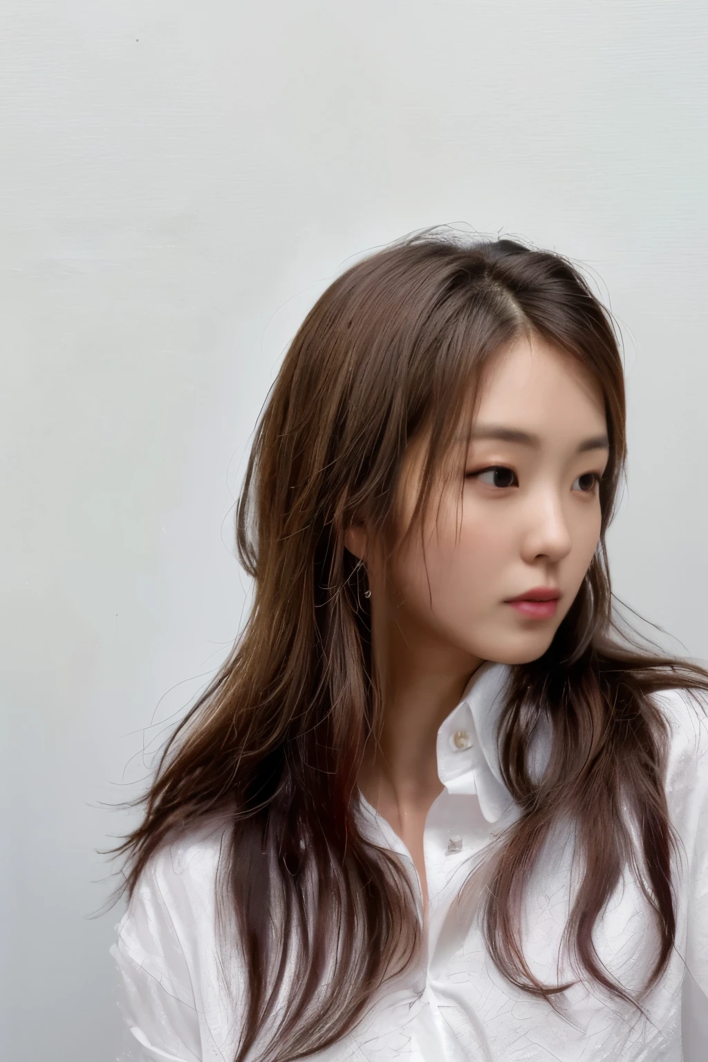 Best Quality, 8k, Masterpiece, (Portrait: 1.3), (photo realistic:1.4), (hyper realistic:1.4), Sharp Focus, looking at viewer, (smoother lighting:1.1), (increase cinematic lighting quality:0.9), realistic lighting, backlighting, light on face, ray trace, (brightening light:1.2), (Increase quality:1.4), sharp detail, (best quality real texture skin:1.4), finely detailed eyes, black_eyes, finely detailed face, 25 year old Korean woman, (white shirt:1.4), (Create an image maintaining the original base model hairstyle:1.5)