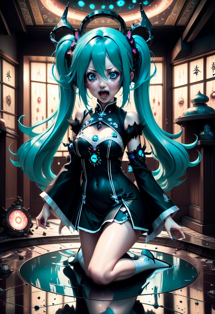 a detailed portrait of hatsune miku in a gothic horror ritual summoning scene, miku in a possessed state levitating on one foot, mouth open in a scream, with mysterious shadowy figures in the background, dramatic high angle shot looking up at miku pointing directly at the camera, with elaborate summoning circles and magical runes on the ground, highly detailed, hyperrealistic, 8k, dramatic lighting, vivid colors