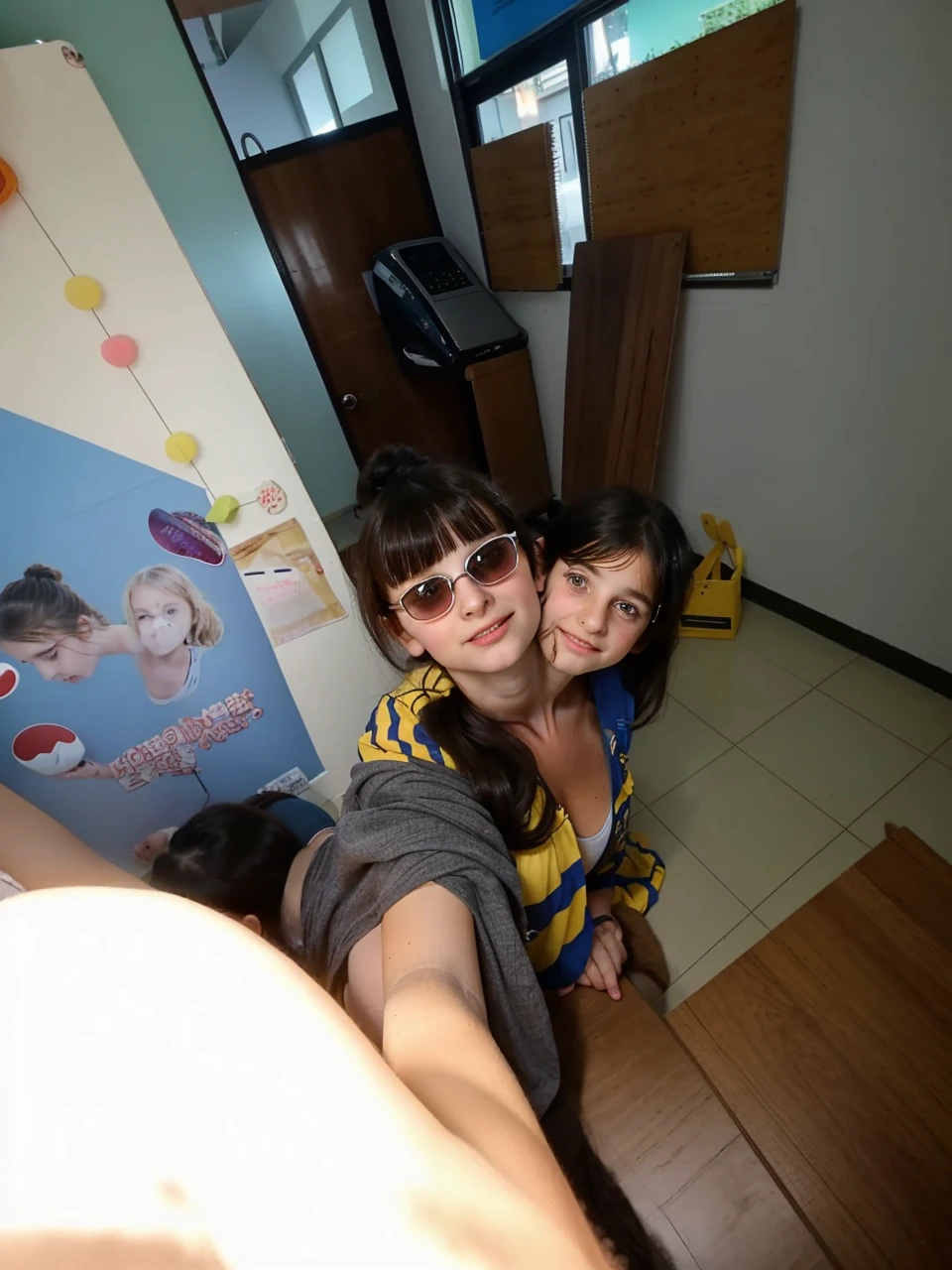 2heads, two headed girl, (a 40 year old woman and a 10 year old girl:1.5), uncomfortable, barefoot