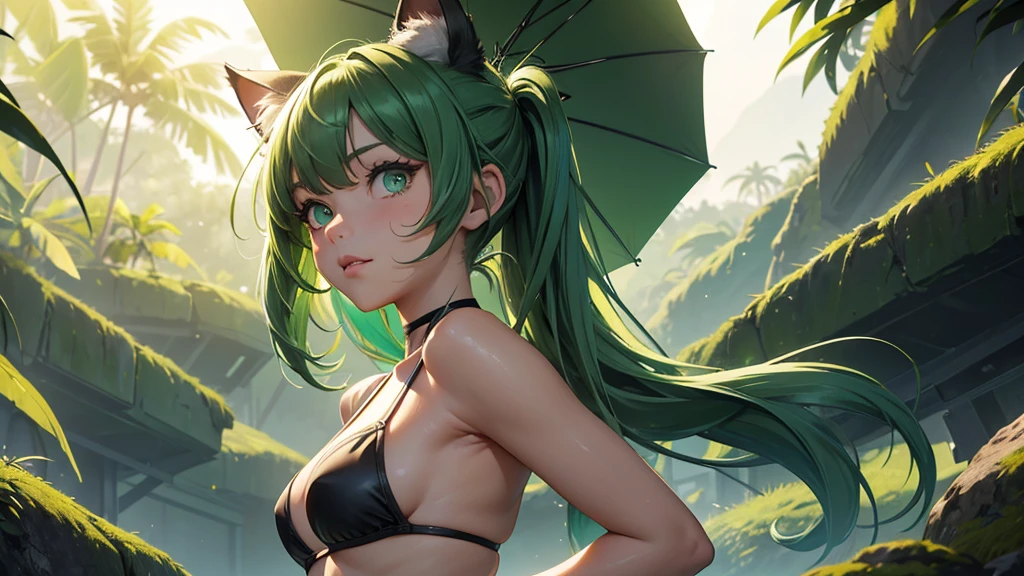(high resolution, upper body, soft skin:1.2, green twin tail),(best illustration,masterpiece:1.2),ultra-detailed,[(cat ears , green inside:1.2, green eyes),vivid colors,sharp focus,portrait,studio lighting,bokeh, wearing a 2 piece black bikini, midnight beach background, spotlight in background, hands on hips